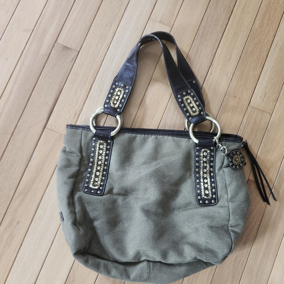 Franco Sarto Green and Brown Shoulder Bag with Gold Accent Vintage Boho Design - Picture 3 of 13